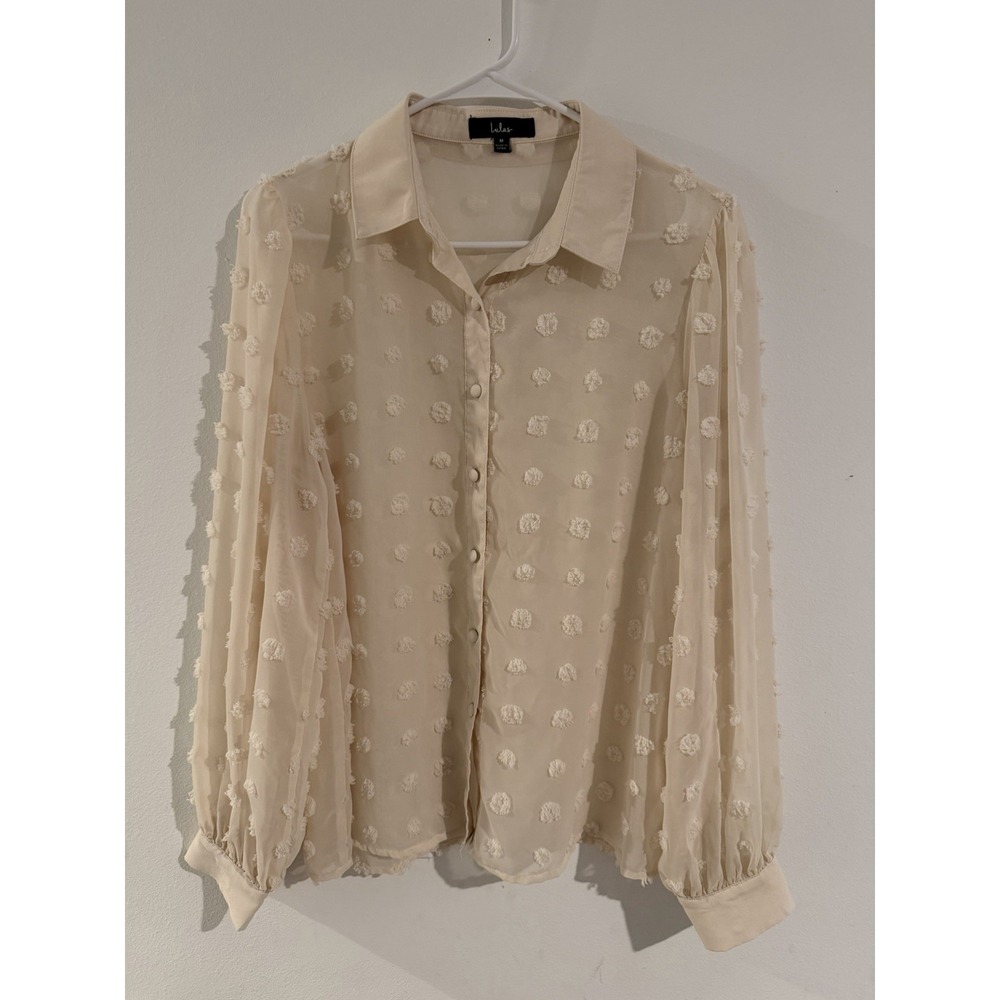 Lulus Cream Dotted Sheer Long Sleeve Button Up Medium